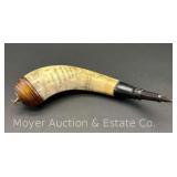Decorative Scrimshawed Revolutionary War NY and Great Lakes Carved Map Powder Horn, 14" Long