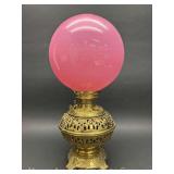 Bradley & Hubbard Brass Banquet Lamp, Pink Shade, Electrified, No Chimney, 20"h