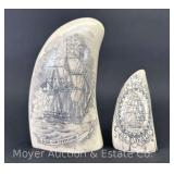 (2) Reproduction Decorative Scrimshawed "Tusks" Depicting Ships, 3.5"-5.5"h