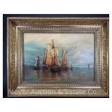 Painting on Canvas Depicting Ships in Bay, Nice Antique Gold Frame, 22.5"x29.5"