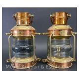 Pair of Brass and Copper Nautical Anchor Lights, Oil Lamps, 11"h