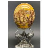 Decorative Decoupage Ostrich Egg Depicting African Safari, with Ostrich Stand, 10"h Overall