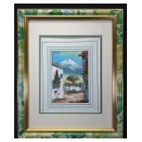 Painting on Canvas Depicting Mountain/Town, Artist Signed-Illegible, Framed/Matted, 16"x13"