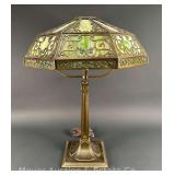 Stunning Slag Panel Table Lamp, Brass Base, with Scroll Style Brass Shade, 25"h