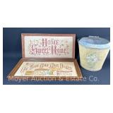 2 Vintage Needlepoints, 12"x24" and Hand Painted Galvanized Bucket