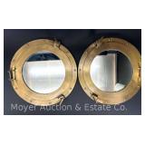 (2) Decorative Brass Framed Porthole Style Mirrors, 15"w