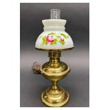 Miniature Oil Lamp, Hand Painted Floral Shade, Electrified, 8.5"h