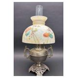 Banquet Oil Lamp, Nickel Plated, Hand Painted Shade, 19"h
