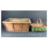 Antique Wood Crate and Basket, Wood Crate is 24"w