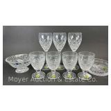 (4) Waterford Goblets, (3) Waterford Wine Glasses, 6" Bowl and 5" Dish