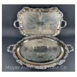 (2) Large Silver Plate Serving Trays, 28"-30"w
