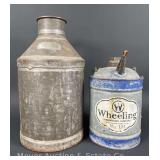 Wheeling Oil Can and Other Metal Water Can with R.E. Greene Label, 10"-14"h