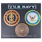 (4) US Navy Signs, Tin, Wood, Etc., 9"-11" Round and 20" Wide