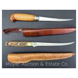 Schrade Uncle Henry Fillet Knife and Other, Both with Leather Sheaths, 11"-12" Long