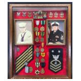 US Navy "Military Career" Shadow Box, Incl. Dog Tags, Medals, Insignia, Etc. in Oak Display Case