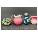 Cranberry Glass Pitcher, Satin Pitcher, Hand Painted Sugar Shaker and Staffordshire Flowers