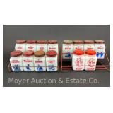(14) Vintage Milk Glass Spice Jars with 2 Metal Racks, Multiple Styles