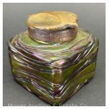 Bohemian Art Deco Style Threaded Iridescent Glass Inkwell, Attributed to Loetz Kralik, 2.75'h