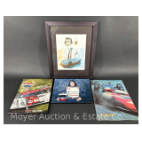 (3) Racing Prints and Plaques, Some Signed, and Grand Prix Cinema Magazine