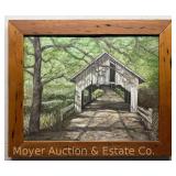 Oil on Canvas of Covered Bridge, Artist Signed, Rustic Wood Frame, 20'x24'