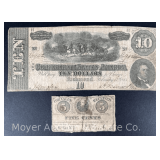 Confederate States of America 10 Dollar Note and Other 5¢ Note