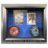 Mark Messier Shadow Box with (2) Signed Pucks and (2) Hockey Cards