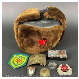 Russian Style Winter Hat, Patch, Soviet Hat Badge and (2) Pins