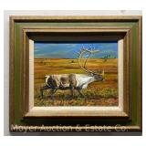 Janis Whitcomb Painting on Masonite of Caribou, Dated '71, Framed 19'x22' Overall