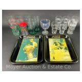 Group of Coca-Cola and Pepsi Drinking Glasses with 2 Coca Cola Metal Trays