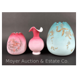 (2) Satin Glass Rose Bowls with Satin Glass Vase, 5.5'-8'h