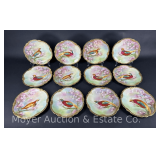 (12) Limoges China Plates, Hand-painted Bird Designs, Antique, 9' Round