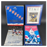 (3) New York Rangers Magazines and Book, (2) Magazines Framed