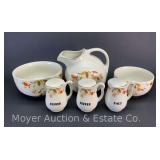 (6) Pieces of Hall 'Autumn Jewel' Kitchenware: Pitcher, Mixing Bowls, and Spice Shaker