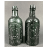 Pair of Congress & Empire Spring Mineral Water Bottle, Saratoga NY, Embossed Green Glass, 7.75'h
