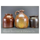 Albany Glaze Jug with 2 Crocks, See Photos for Chips, 6'-9.5'h