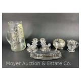 (6) Pieces of Glassware with Silver-tone Overlay: Pitcher, Cream & Sugar, Candlesticks and Tray