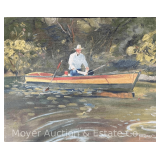 Roy Lucas (1941-2003) Painting on Board of Man Fishing in Boat, Unframed 11'x14'