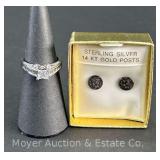 Pair of Sterling Miniature Mercury Dime Earrings and Sterling Ring with Clear Stones