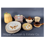 Group of Kitchenware, Figural Cookie Jar and Teapot, Ovenware Dishes, Etc.