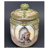 Nippon Moriage Tobacco Jar with Indian, Repaired Lid, 5.5'h