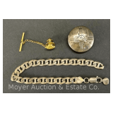 Gold Nugget Tie Pin with Sterling Bracelet and Clip, 0.89ozt.