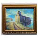 John Schweikhard Painting 'Lakeside', on Canvas, scene of Buffalo Grain Mills, Framed 14.5'x17.5'