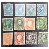 (12) US and Confederate Postage Stamps