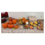 Group of Fall Decor: Faux Pumpkins, Hay Bales, Decor, Etc.