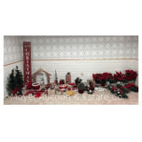 Group of Christmas Decor: Faux Poinsettias, Signs, Tabletop Trees, Etc.