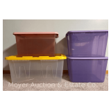 (4) Plastic Storage Totes with Lids: 27gal, (2) 66qt., and 64qt.