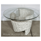 Vintage Postmodern Maitland Smith Style Sculptural End Table, 28”w Glass Top, 21”h