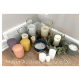 Group of Candles, Most New, Some with Hurricane Vases