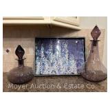 (2) Blown Glass Decanters, See Photos for Crack on Stopper, 13"-19"h, and Decorative Tray, 20"x15"