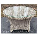 Round Resin Wicker Side Table, with Glass Top 25”x20"x19”h
